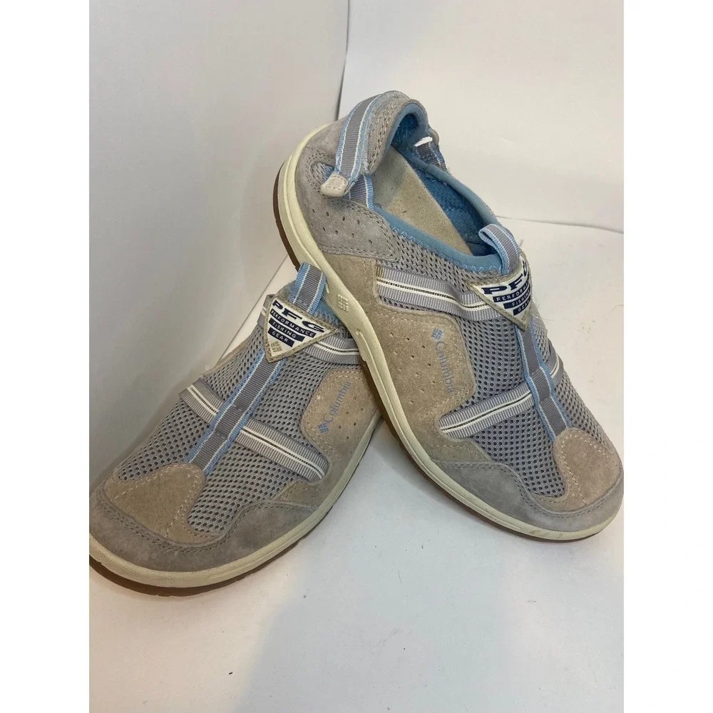 Columbia PFG CAYMAN ii Fishing Watersports Beige Khaki Blue Comfort Shoe Sz 8.5